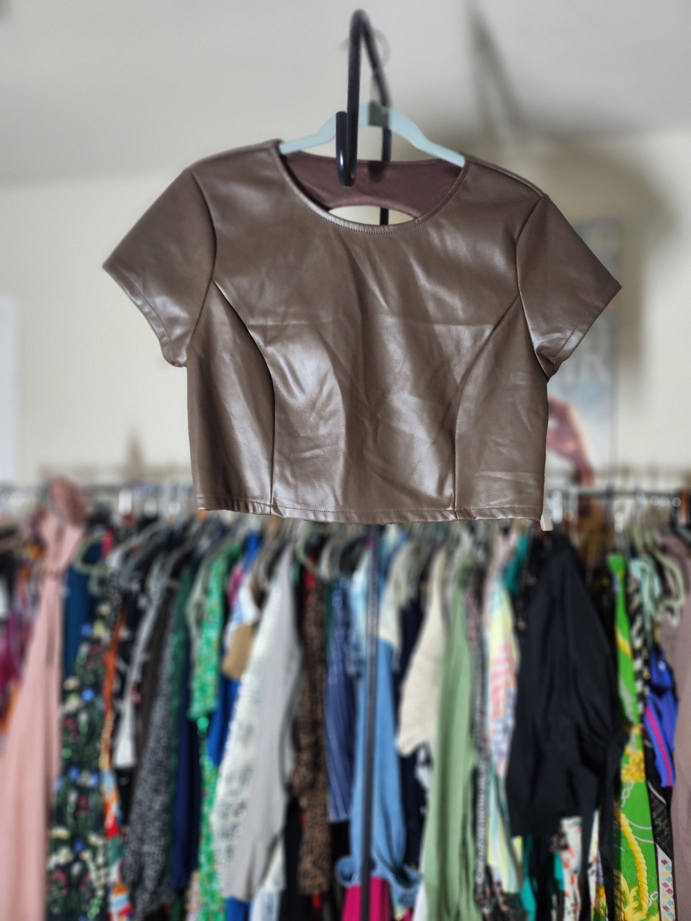 Brown Faux Leather Cropped Tee - Women's Short Sleeve Crop Top